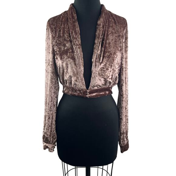 Lovers + Friends Brown Floyd Velvet Top Deep V-Neck Cropped Long Sleeve Size S - Picture 1 of 8